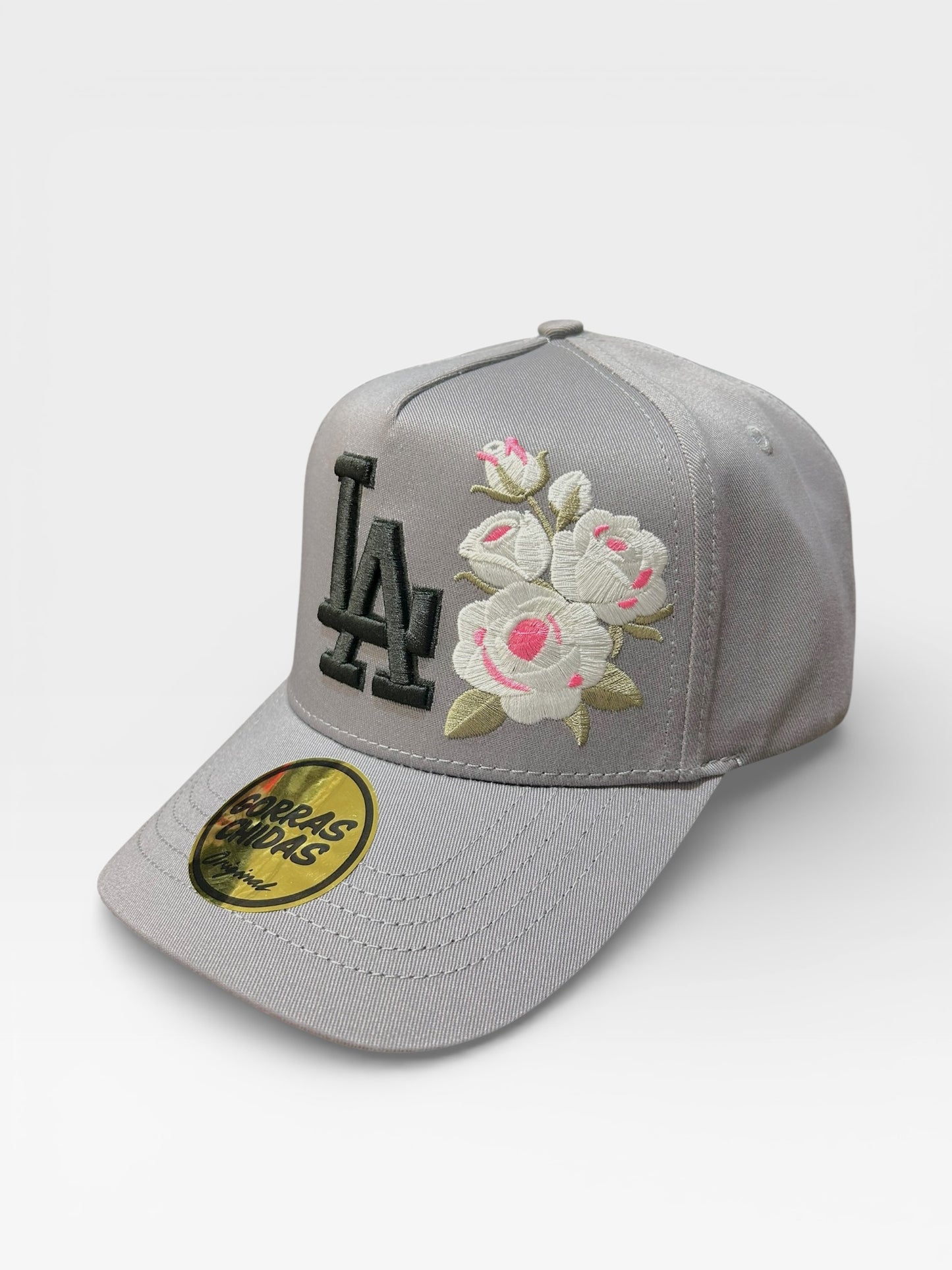 LA - Gray Hat with White Rose Embroidery