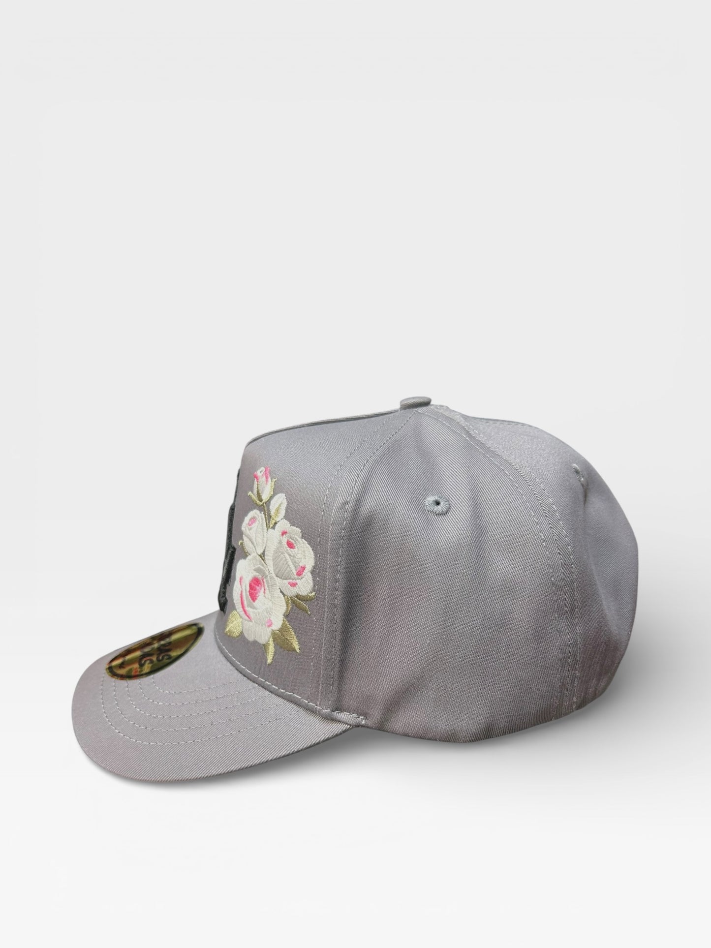 LA - Gray Hat with White Rose Embroidery