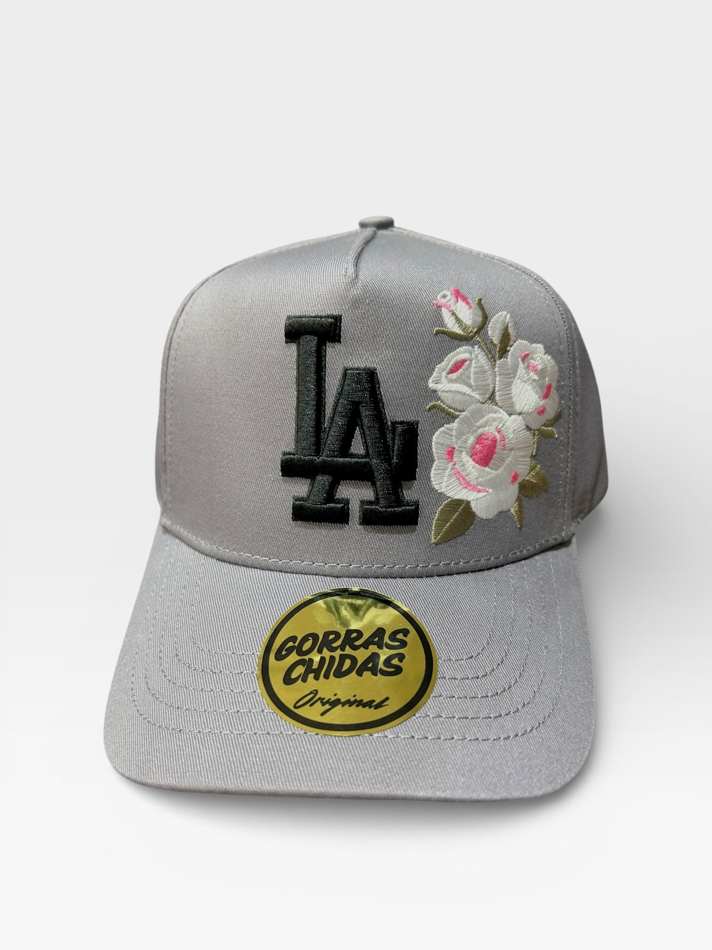 LA - Gray Hat with White Rose Embroidery
